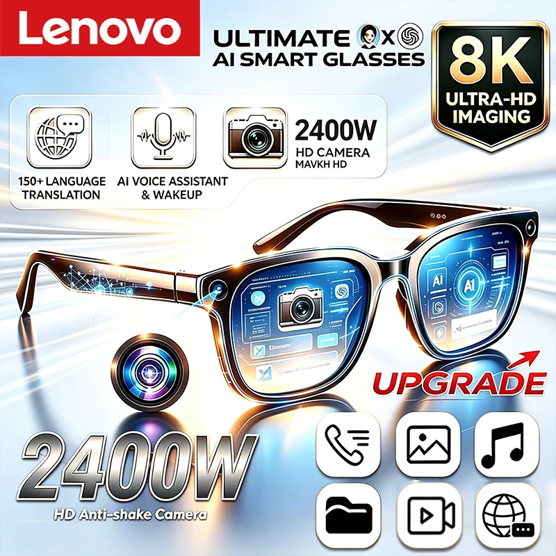 Nouvelles Lunettes Intelligentes IA Lenovo 8K HD avec Caméra de Prise de Vue Améliorée 2400W, Appel Vocal, Traduction, Bluetooth et IA pour Moto