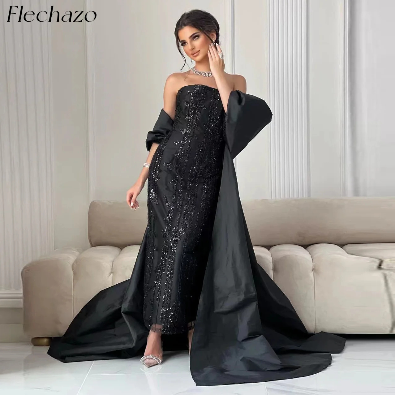 Flechazo Black Tulle Prom Dresses Strapless Shiny Beading Floor-Length Evening Party Dress For Women 2024 vestidos para mujer