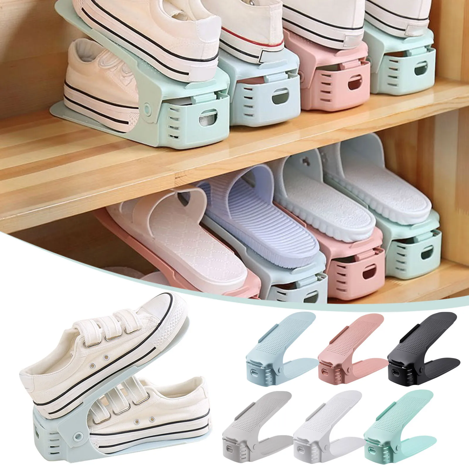 

Shoe Rack Footwear Support Durable Layer Double Solid Color Adjustable Stand Shoerack Shoe Rack Support Grooves Thickened Space
