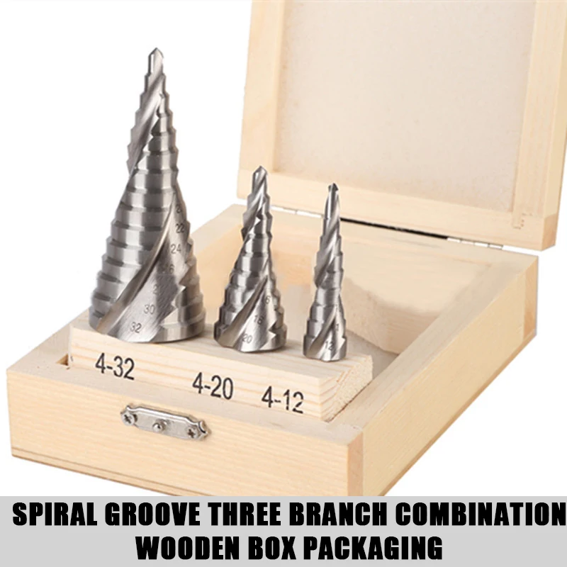 

Step Drill Bit 4-12 4-20 4-32mm Pagoda Drill Core Drilling Tool HSS Spiral Groove Wood Metal Hole Cutter With Box