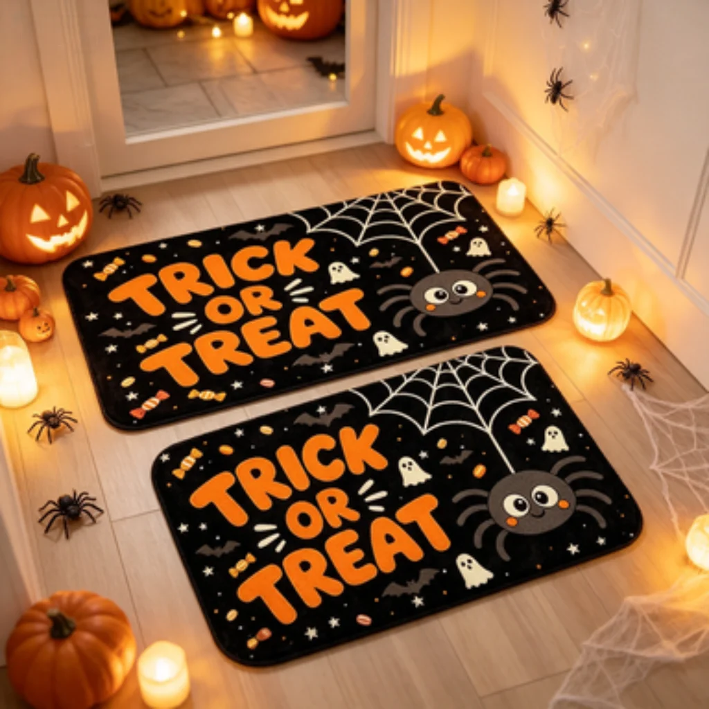 Spider Web Trick or Treat Mat, Autumn Pumpkin Maple Door Mat, Black Ghost Runner, Purple Owl Pumpkin Mat,Spider Web Entrance Mat