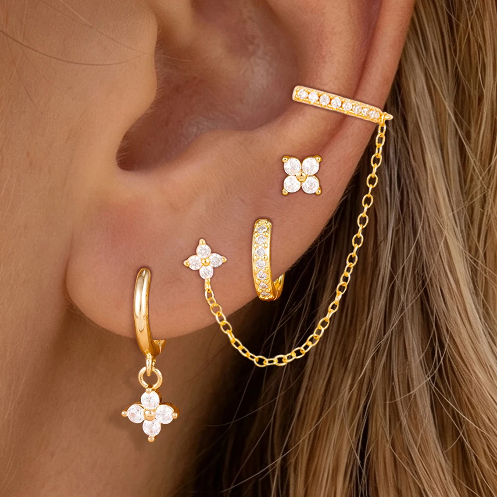 4-teiliges Set aus leicht luxuriösen, modischen Ohrclips mit Quastenkette für Damen, Zirkon-Blumen-Ohrhänger, einzigartiger Punk-Rock-Schmuck