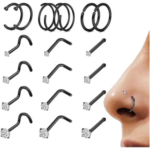 18Pcs  316L Surgical Steel Nose Rings Studs Double Hoop for Women Men 18G/20G Nose Rings Stud Body Piercing Jewelry