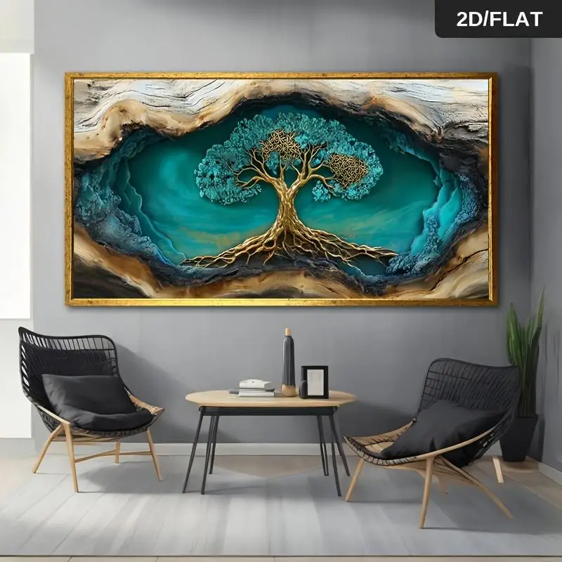 One modern abstract Tree of Life oil painting wall art - a vibrant turquoise and gold nature-inspired painting, perfect for livi