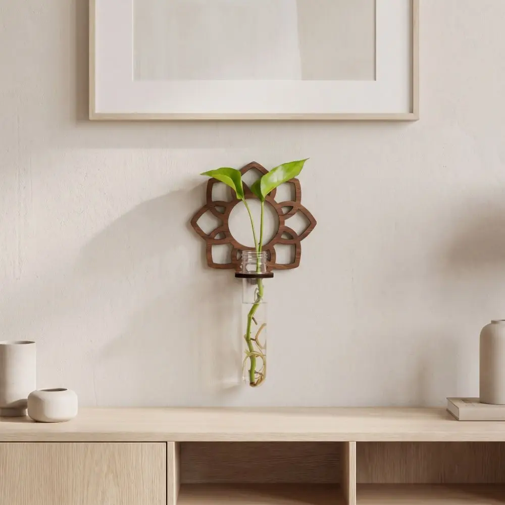 Wooden Hydroponic Plant Rack Plastic Tubes Flower Shaped Hydroponic Planter Shelf Hollowed-out Flower Stand Home Decor