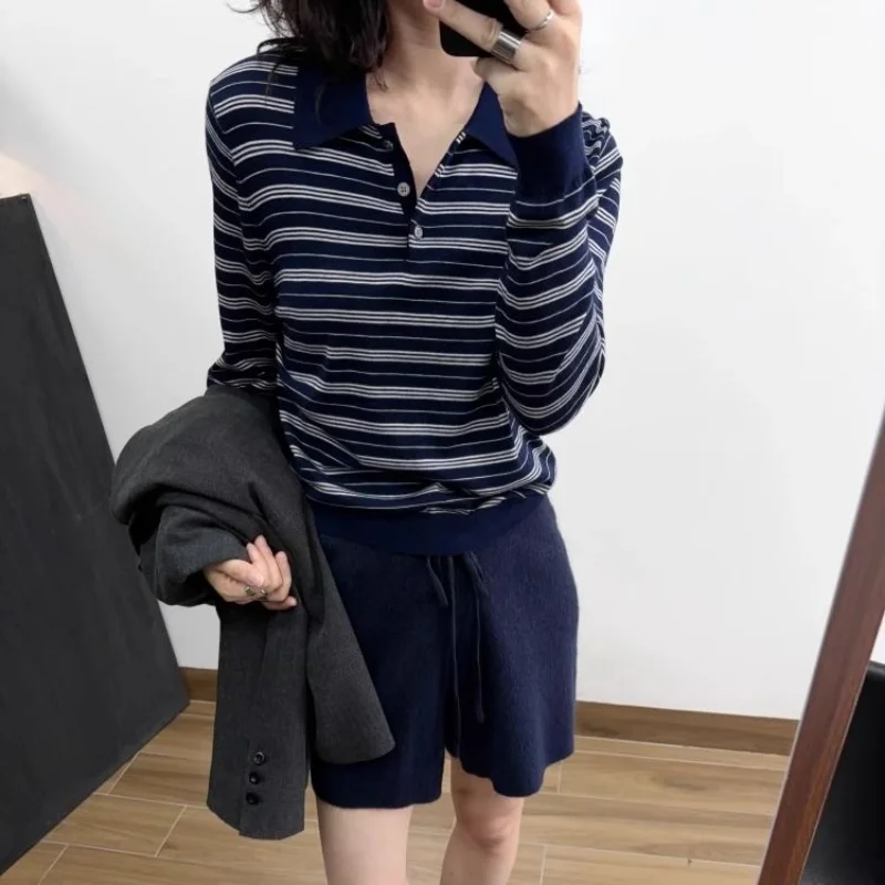 

Retro Color Block Striped Button Long Sleeve Knit Sweater Women Spring Elegant Outerwear Top