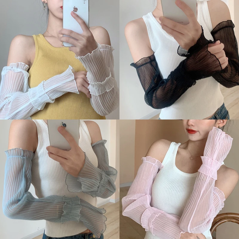 ฤดูร้อนถุงมือยาว Fingerless ผู้หญิงผ้าไหมน้ำแข็งป้องกันดวงอาทิตย์แขนถุงมือบางชีฟองลูกไม้แขนขับรถขี่จักรยานถุงมือ