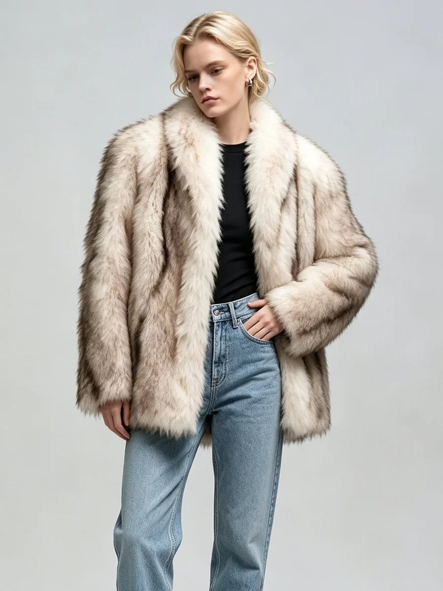 LIMO Women Faux Fur Coat  Color Lapel Fluffy Warm Mid-length Jacket Winter Fashion Outerwear