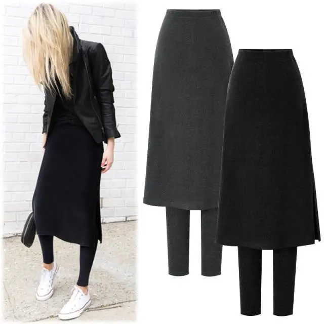 Invisible Open Crotch Outdoor Sex Women\'s Knee Length Fleece Lined Leggings with Skirt Warm Divided Skirted Plus Size Long Dress