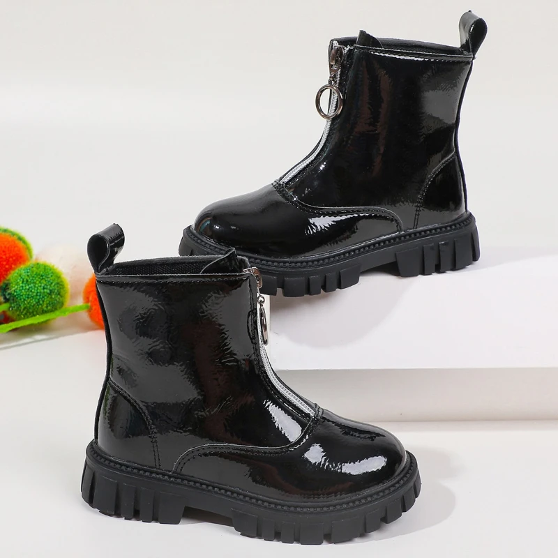 

Новые осенние детские кожаные ботинки, детские повседневные черные ботинки для школы, модные ботильоны на платформе для девочек на молнии спереди, нескользящие