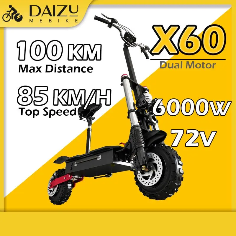 X60 72V Lithium Battery Electric Scooter 6000W Dual Motor E-Scooter 85KM/H Fast Speed 200KG Max Load 11 Inch Tire with Seat