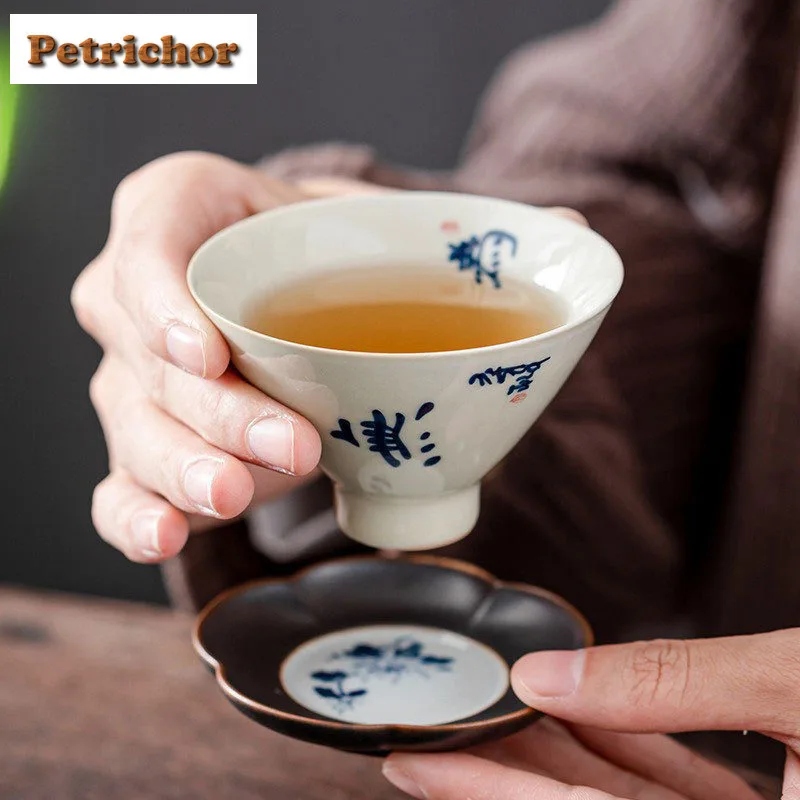 2 قطعة/الوحدة مكتوبة بخط اليد الأزرق والأبيض الخيزران قبعة فنجان الشاي خمر وعاء إبريق الشاي تذوق رائحة كوب Jianzhan ماستر أكواب تشا 70 مللي #3