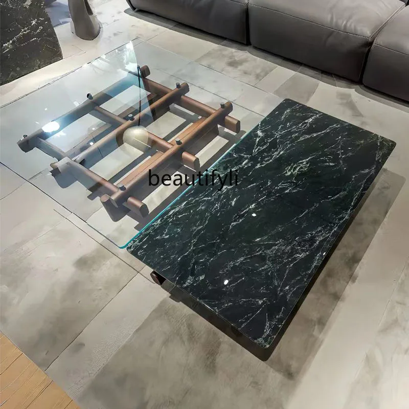 

Nordic simple round solid wood glass coffee table household living room creative rectangular coffee table combination