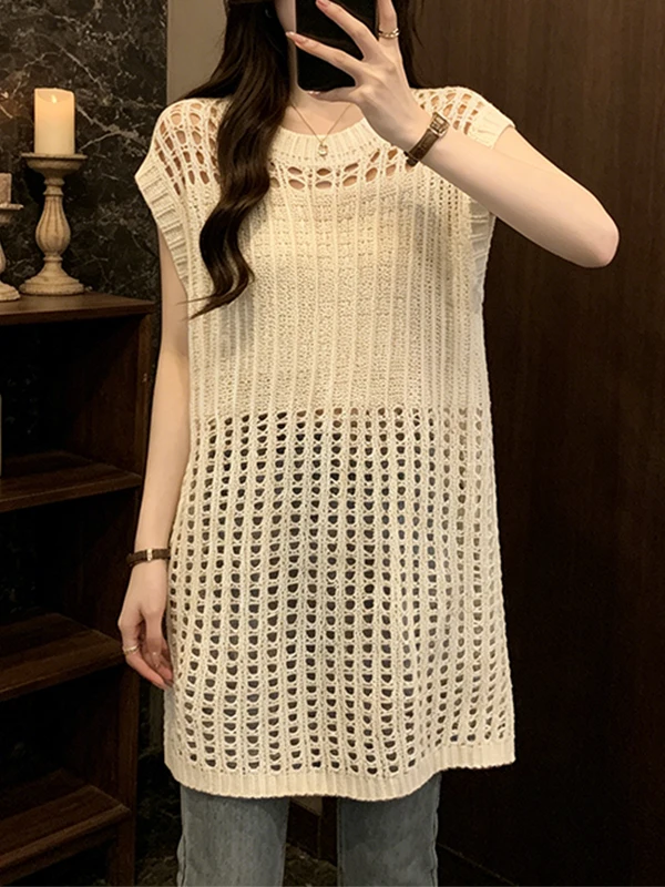 

plus Size Summer Knitwear Hollow out Slit Fashionable Loose Mid-Length Cover-Up Top Korean Style Breathable Daily Wear