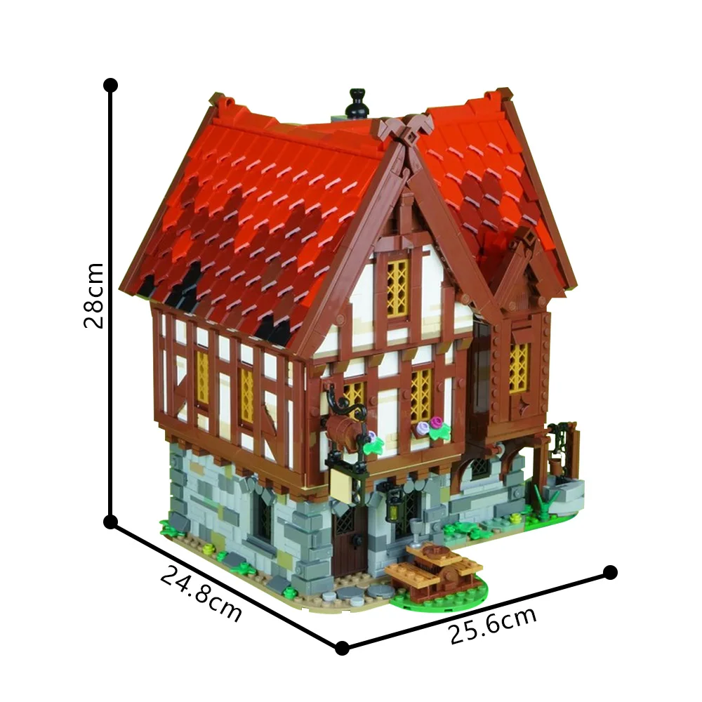 Moc blocos de construção de taverna medieval, modelo de arquitetura medieval, vista de rua, tijolos de restaurante vermelho, brinquedo montado, presente para crianças