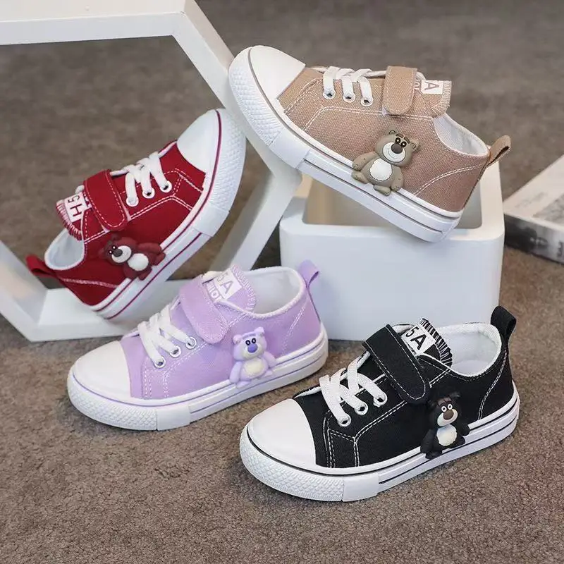 

р ‌ Eal фотографии, новинка 202, весна-осень, милый клубничный медведь с рисунком медведя для девочек, детская парусиновая обувь, повседневная обувь на плоской подошве