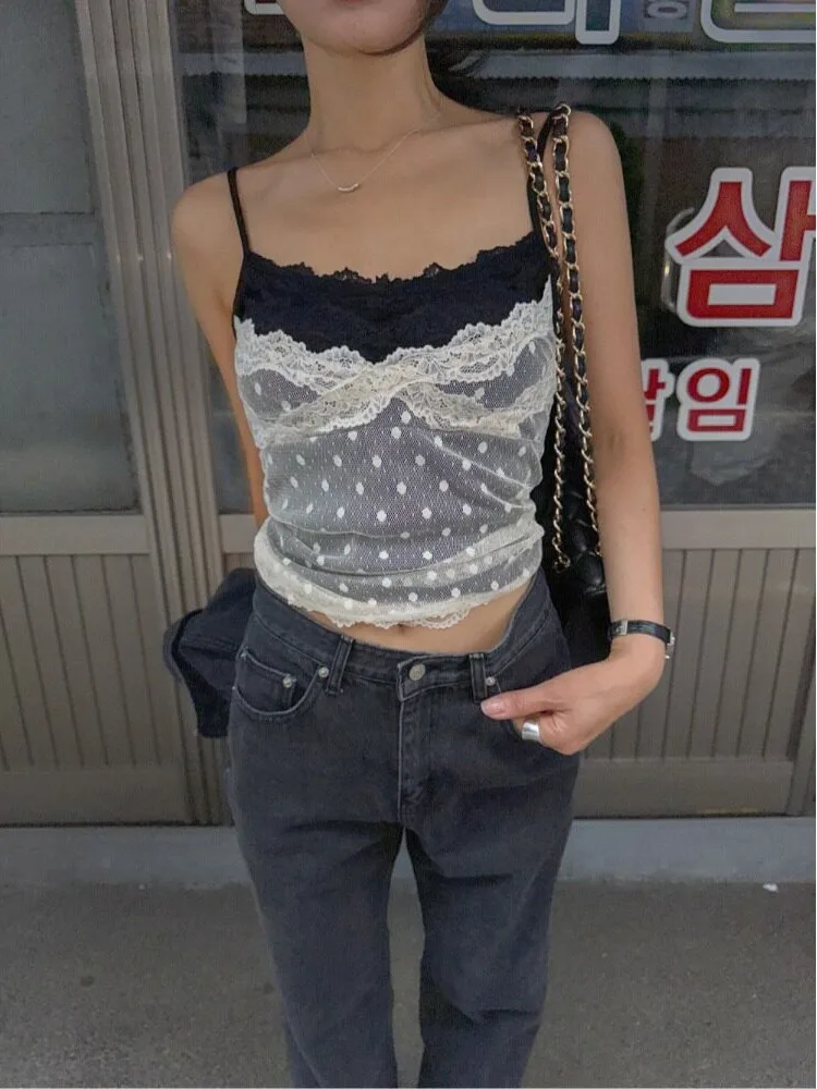 Chic Sweet Mesh Strap Vest Base Layer Tank Top for Small Figures Korean Style Women's Fashionable All-Match Spring Autumn Winter