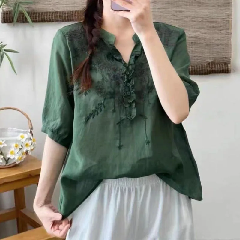 Female Embroidery Spliced Vintage V-Neck T-shirt Pullovers Summer Women\'s Clothing Casual Fashion Solid Color Half Sleeve Tops