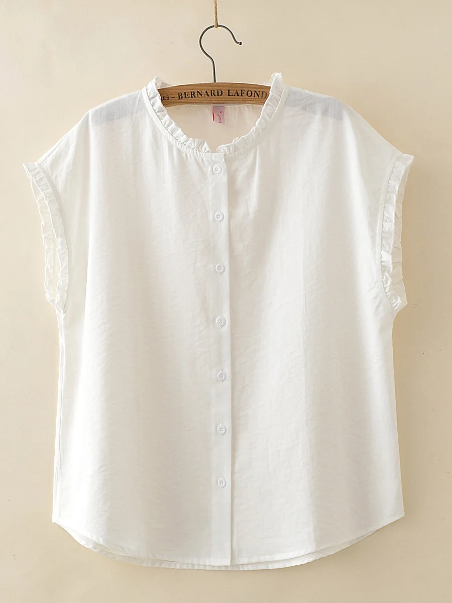 Summer Loose Sleeveless Shirt Women's Casual Style Polyester Fiber round Neck Single Button Closure Bellovi Wood Grain  C...