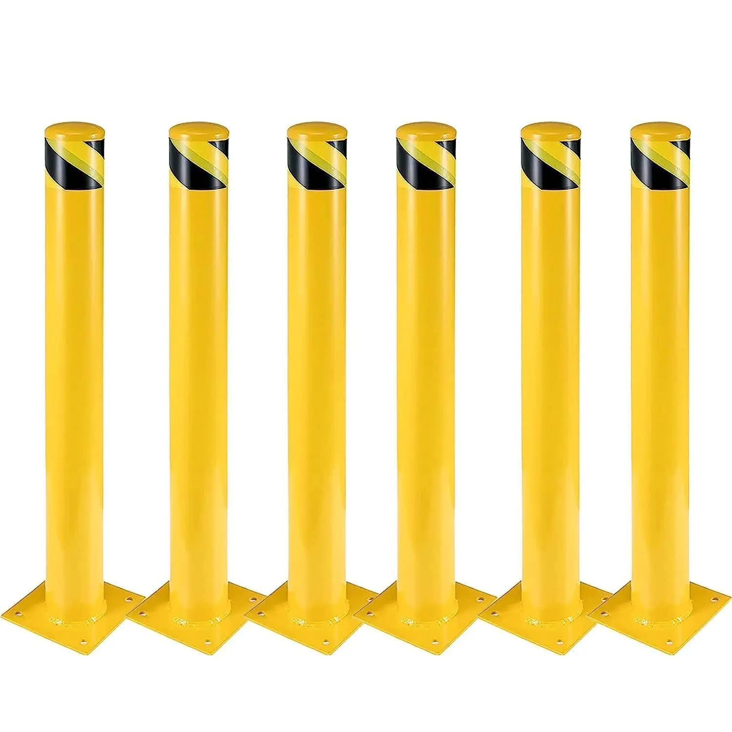 

6 Pack Safety Bollard, 36/42/48 Inch Yellow Steel Post With 24 Anchor Bolts For Traffic Control, Driveway Barrier