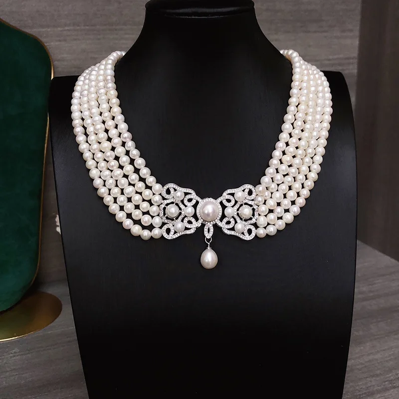 

one set vintage 5rows freshwater pearl white near round 5-6mm necklace/ring/earrings/bracelet wholesale zircon hook