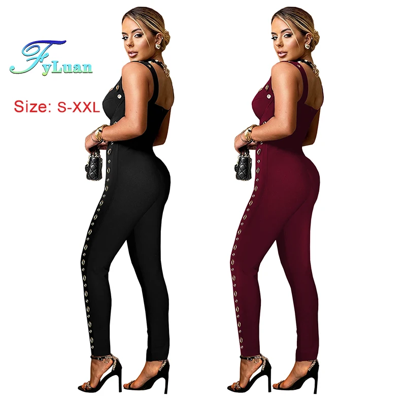 Modische Damenkleidung Sexy Träger-Jumpsuit mit Metallring-Dekoration Einfarbig Ärmellos Figurbetont Einteiler-Hose