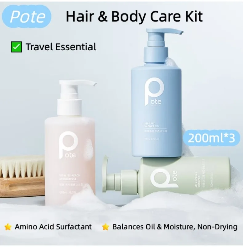 POTE Ocean Mystery 3Pcs Fragrance Shower Gel & Shampoo Set 200ml Travel Size Hair Body Care Kit Long Lasting Aroma Bath Gift Set