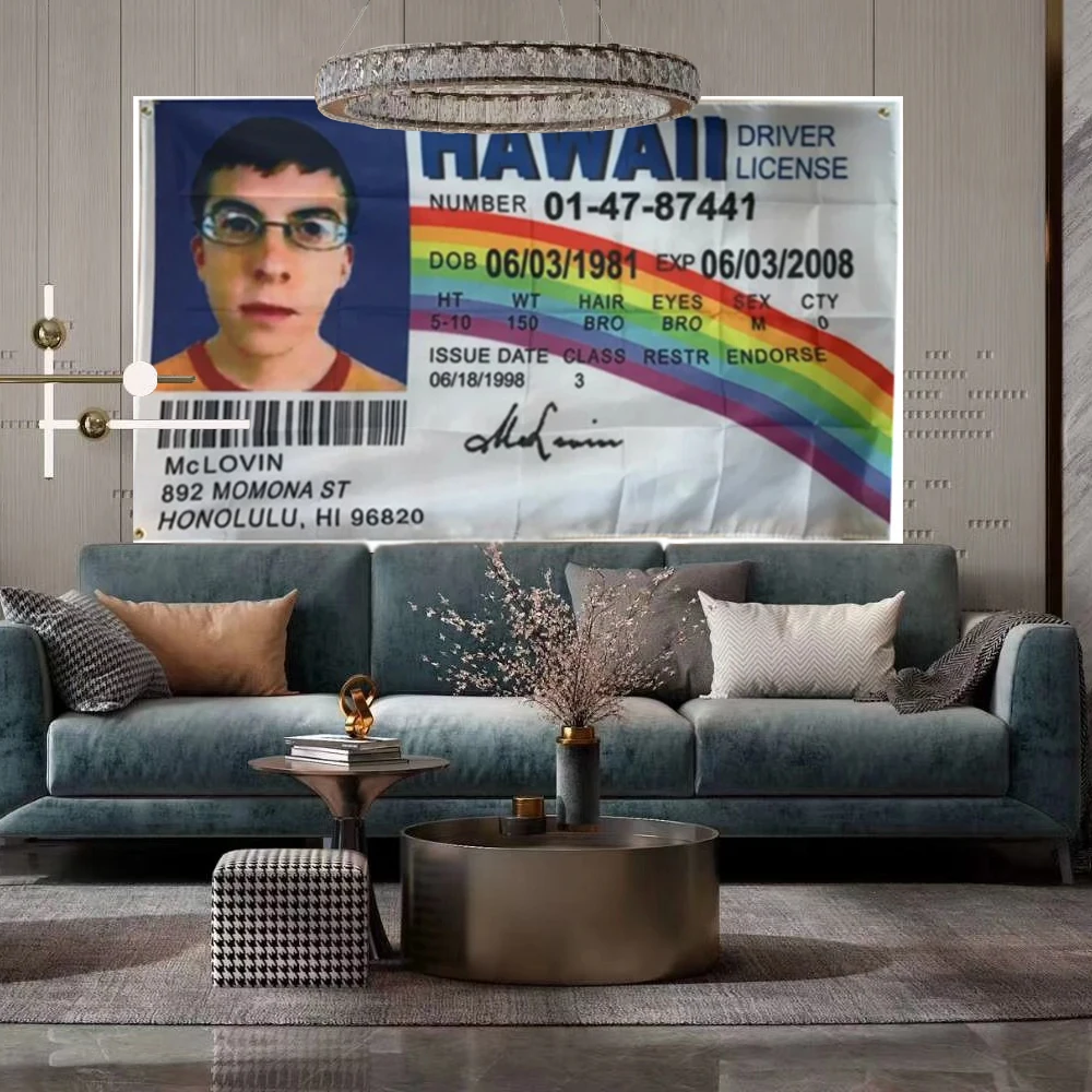 McLovin-Bandera Hawaiana de identificación falsa, accesorios de película, decoración interior, bandera divertida para dormitorio universitario, 3x5 pies