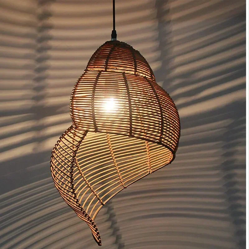 Pastoral Style Conch Rattan Lamp Vintage Pendant Lights Dining Room Decor Lighting Fixtures Cafe Restaurant Suspension Luminaire