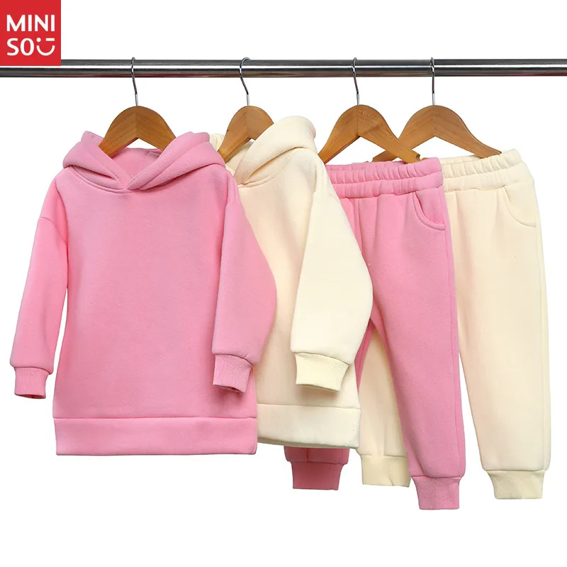 

Miniso Kids Winter Tracksuit Set, Premium Thickened Fleece Hoodie with Jogger Pants for Boys and Girls, Cozy Casual Outfit