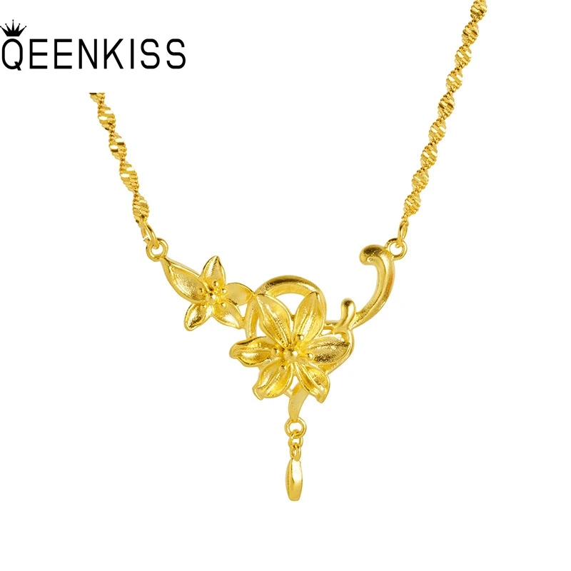 

QEENKISS 24KT Gold Flower Jewelry Set For Women Necklace+Ring Jewelry Wholesale Wedding Party Birthday Bride Ladies Gifts JS555