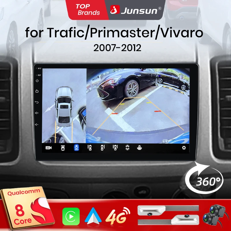 Junsun Qualcomm 8 cœurs 360 °   Caméra CarPlay Android Auto autoradio pour Renault trafic Nissan Primastar Opel Vivaro 2006-2010