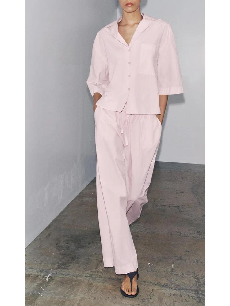 

European style new women's fashion versatile temperament short-sleeved lapel short shirt casual pants suit