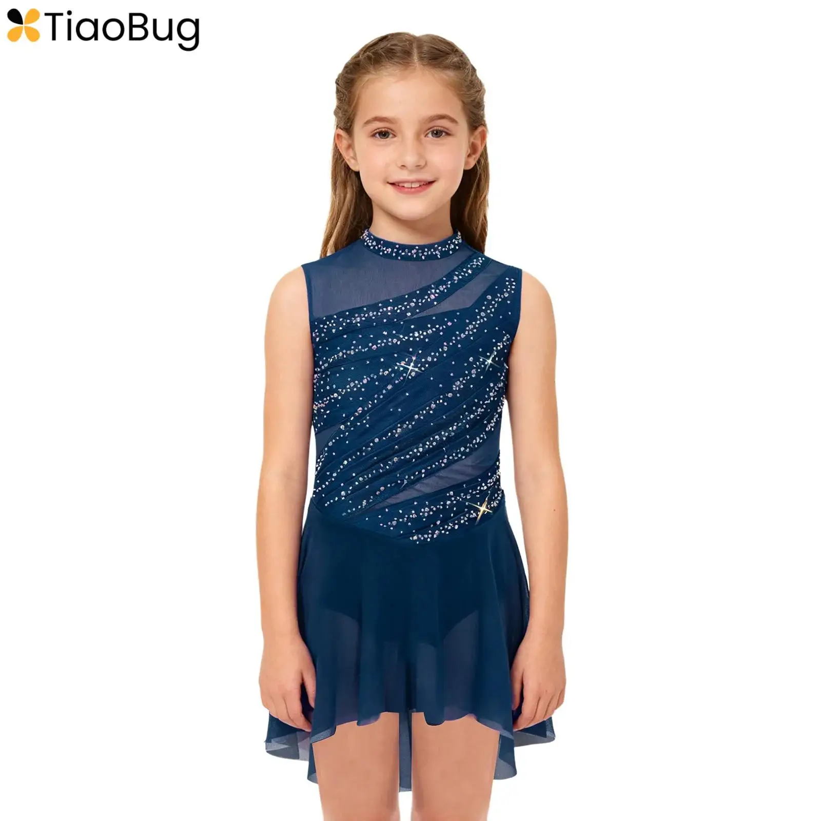 

Kids Girls Ballet Lyrical Dance Dress Sleeveless Sheer Mesh Splice High-Low Hem Ruched Shiny Rhinestone Leotard Dress Dancewear