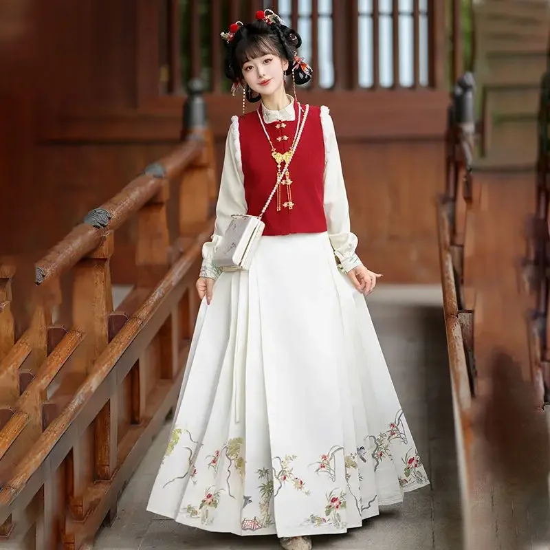 Chinese Traditional Women Dress Black Vest Beige Shirt Printed Horseface Skirt Three Piece Modified Hanfu Women Evening Dresses