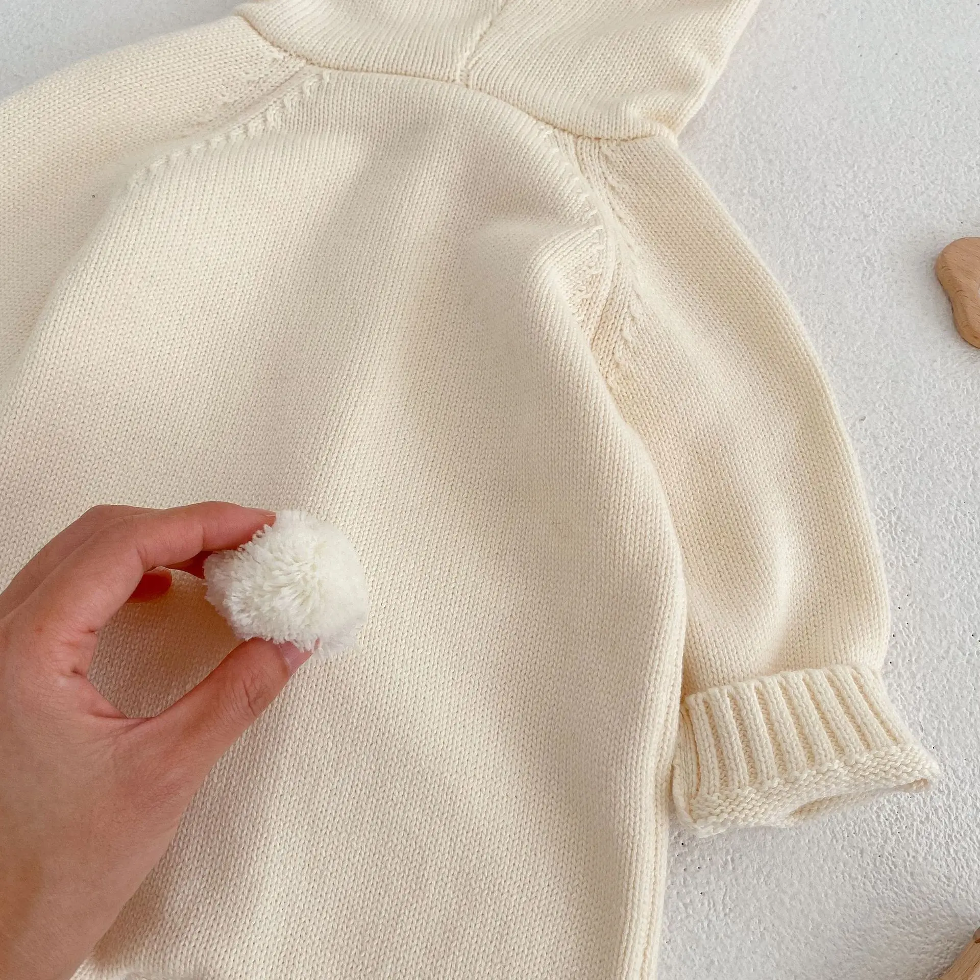 Spring Newborn Solid Color Bodysuit Cute Baby Knitting Wool Ball Bag Fart Coat Hooded Climbing Suit