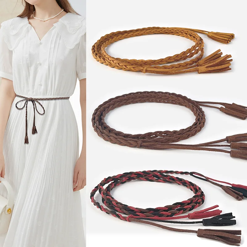 Suede Matte Genuine Leather Belt Vintage Tie-up Women's Decorative Belt For Skirts Dresses