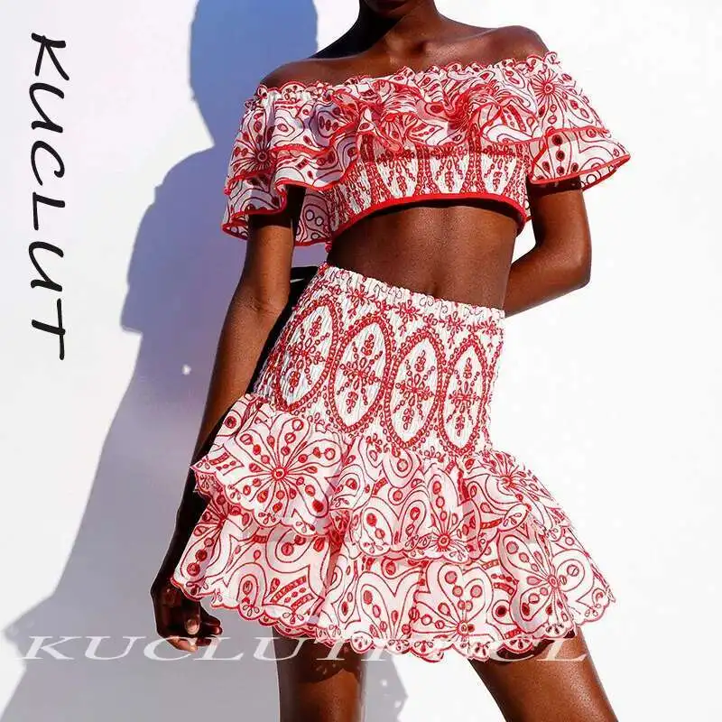 

KUCLUT 2025 Fashion New Items Women's Two-pieces Set Strapless Ruffled Tops Elegant Hook Flower Hollow Elastic Waist Skirt K417