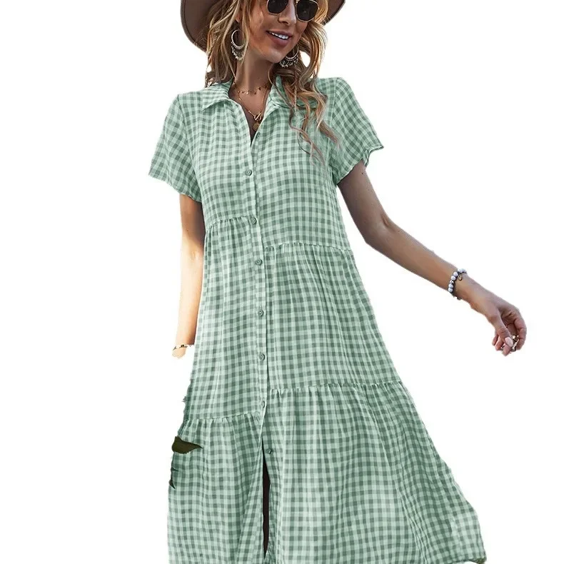 2023 frühling Sommer Neue Mode Kragen Frauen Shirt Kurzarm Kleid Frische Karierten Weiblichen Langen Kleider