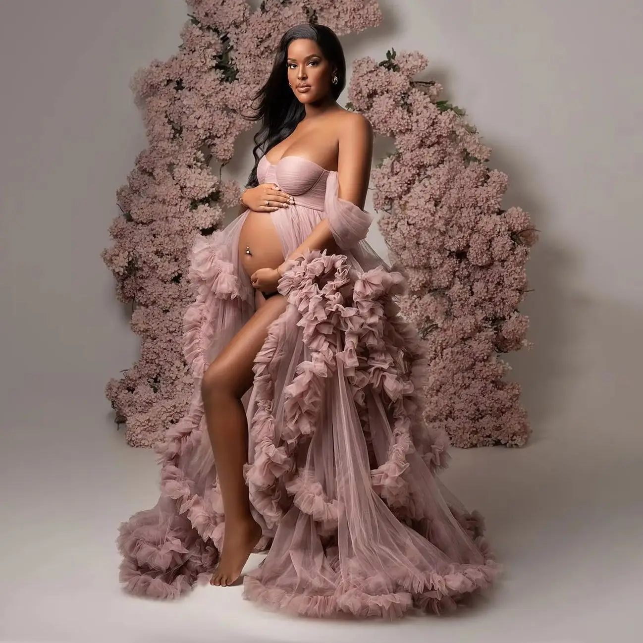 Dusty Pink Pregnant Women Maternity Robes Off the Shoulder Babyshower Gowns Puffy Ruffles Photography Dresses Customized image 2