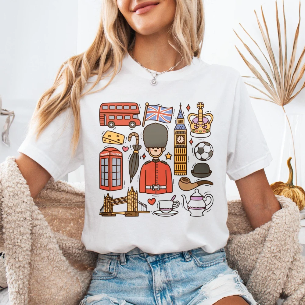 London Travel Icons Graphic Tee Red Bus Crown Tea Pot Tourist Souvenir Tshirt Retro Casual Unisex Streetwear Tops Cotton Tees