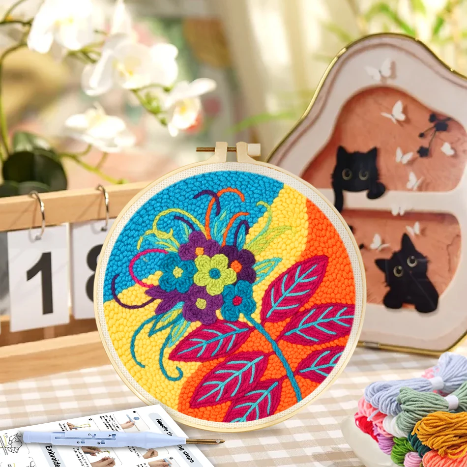 GATYZTORY Dopamine colored flower Picture Handwork embroidery punch needle kit Easy embroidery hoop 20x20cm Diy Home Decoration