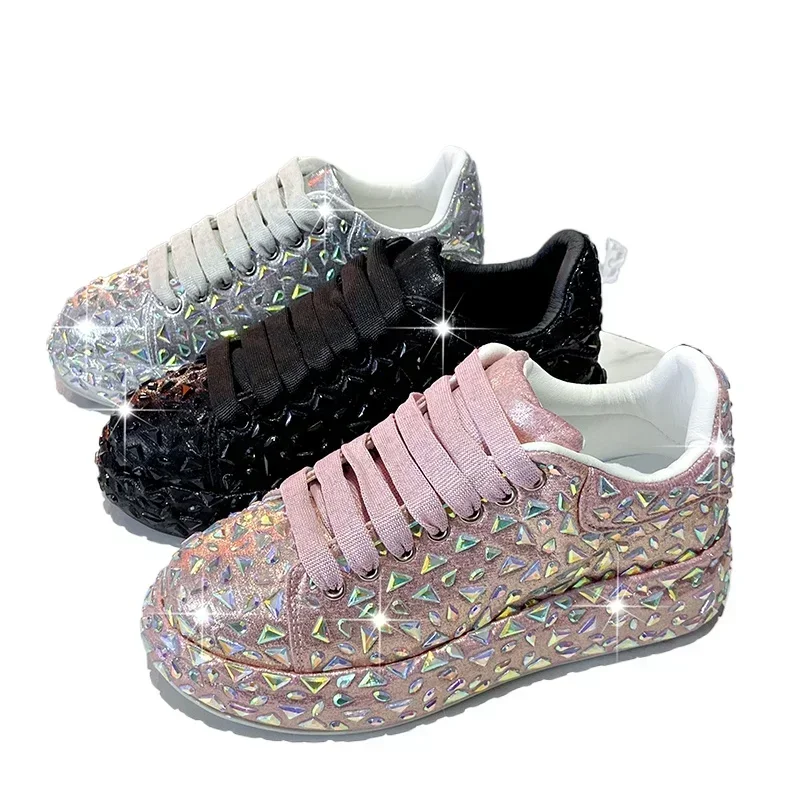 

2024 Autumn Leather Women Shoes New Style Fashion Platform Shoes Ins Platforms Sneakers Tide Shine Bling Rhinestone Shoes