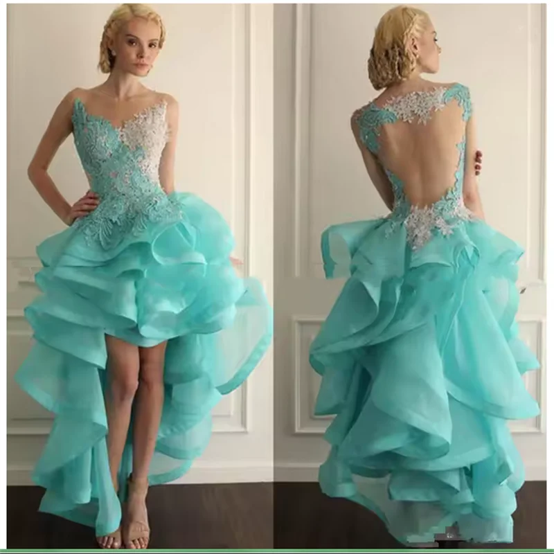 

Элегантные бирюзовые коктейльные платья трапециевидной формы с v-образным вырезом из органзы и кружевными оборками, элегантные вечерние платья для выпускного вечера по индивидуальному заказу