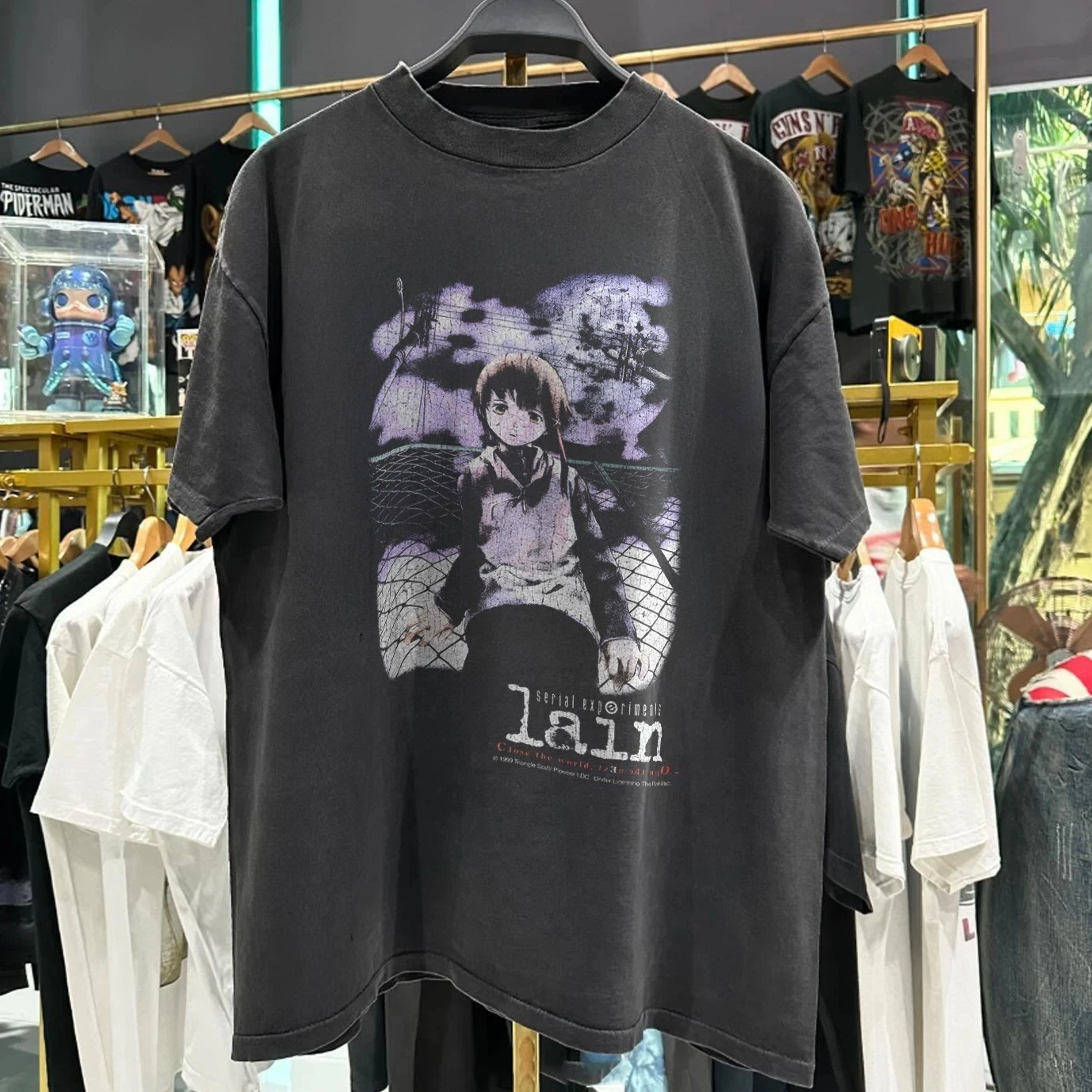 1999 Serial Experiments Lain Washed T-Shirt Black  Summer Streetwear Oversized Loose Casual