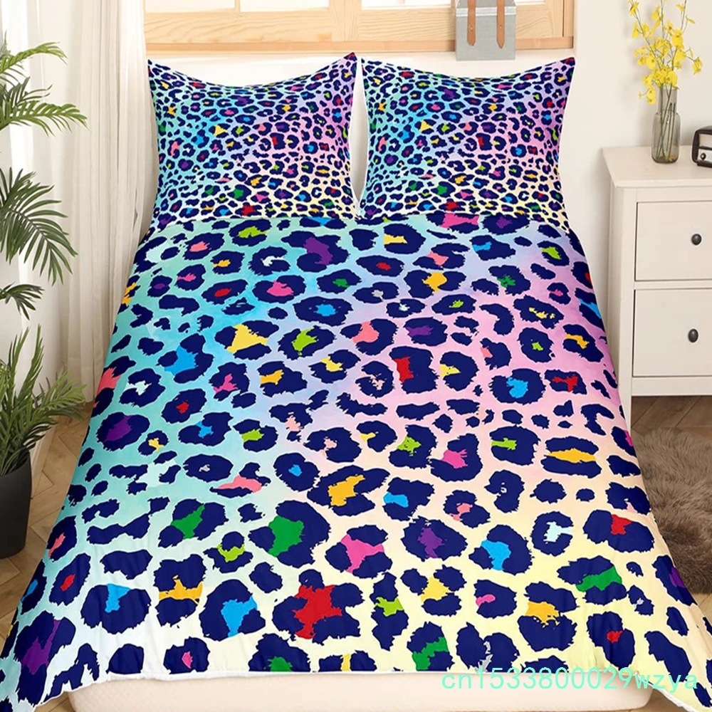 Leopard Print Comforter Cover Pink Pastel Cheetah  Duvet Cover Animal Print Bedding Set Rainbow Galaxy Bedspread Cover King Size