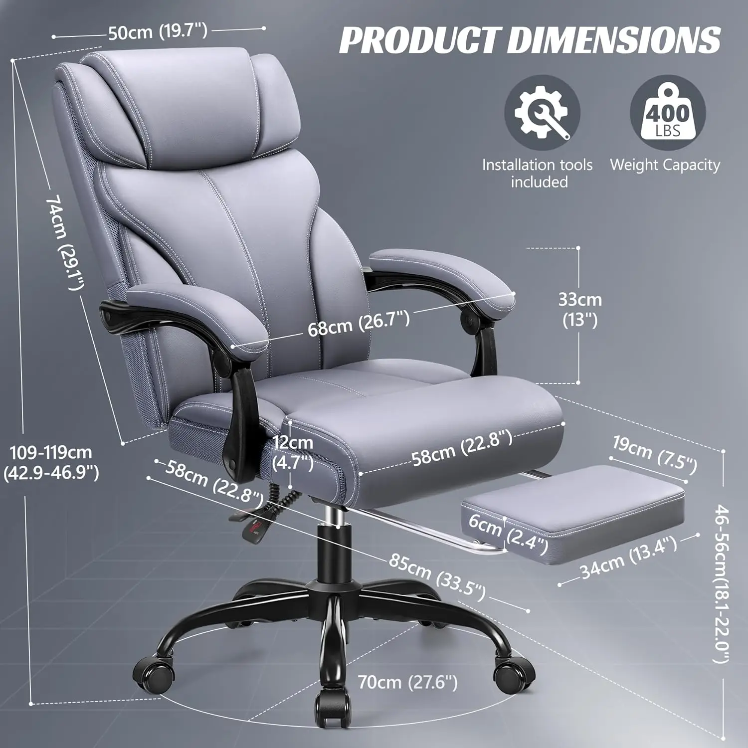 Tall ergonomic computer office chair, rotating roll over lumbar support work chair with adjustable high backrest foot pedals