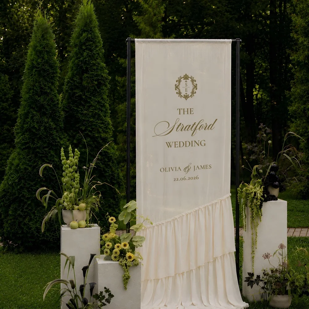 Custom Ruffled Chiffon Fabric Wedding Welcome Sign, Personalized Wedding Entrance Banner, Romantic Reception Ceremony Decor