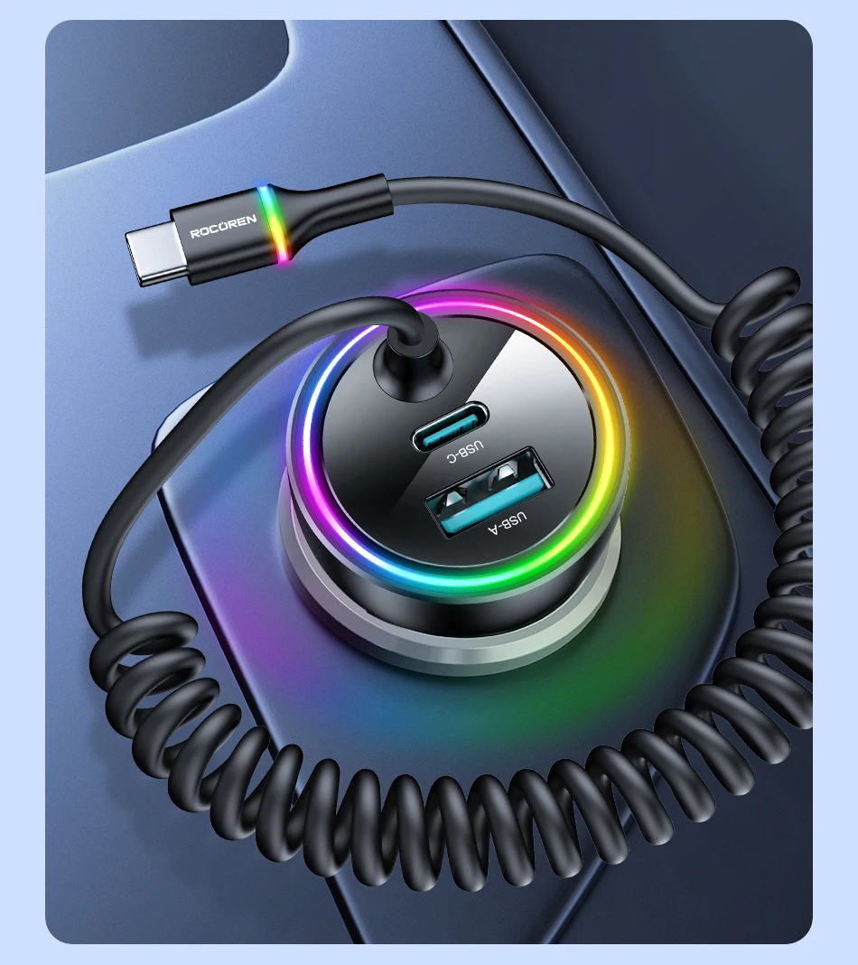 Rocoren 70W USB-Autoladegerät, schnelles Laden, PD 35W USB-C-Autoladegerät mit Federladekabel, Typ-C-Autoladegerät für iPhone Xiaomi – Detail 13