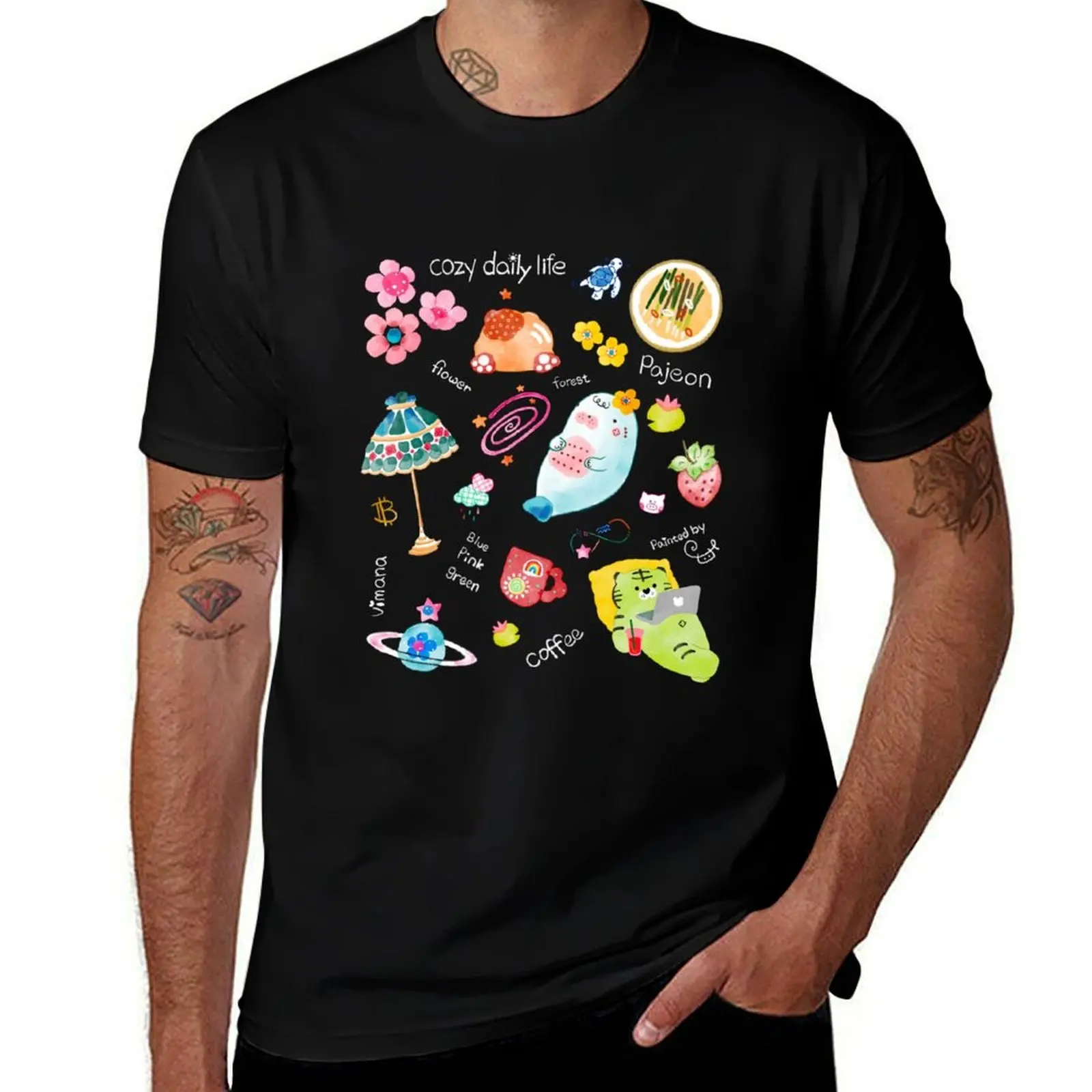 

tropical handpainted watercolor pastel kawaii playful floral galaxy T-Shirt heavyweights tops cotton man t-shirts men clothings